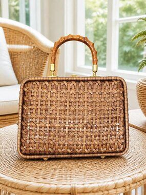 Rare HTF Vintage Gaymode Vinyl PVC Coated Woven Wicker Bag Bamboo Handle Brown
